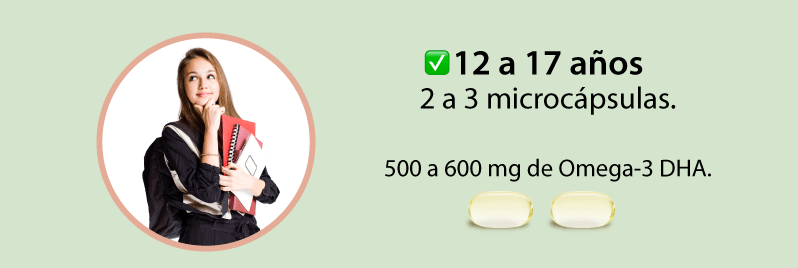 12 a 17 años 2 a 3 microcápsulas 500 a 600 mg de Omega-3 DHA